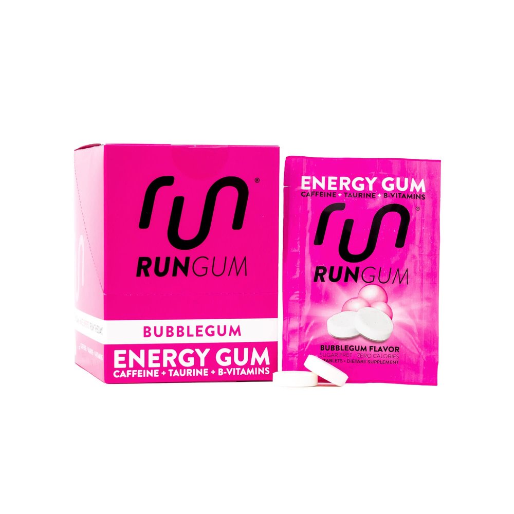Run Gum Bubblegum Flavor Caffeinated Energy & Focus Gum, 50mg Caffeine per Piece, Sugar Free with Taurine & B-Vitamins, Fast-Acting Chewing Gum, 24 Pieces (12 Packs)