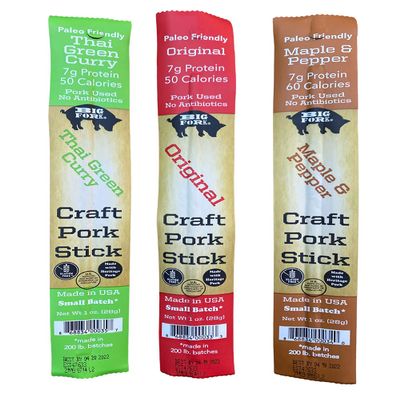 Big Fork Craft Pork Snack Sticks Variety Pack  3 Flavors to Try (Original, Maple & Pepper, Thai Green Curry) | Small-Batch Meat Sticks | Keto, Paleo, High-Protein | Made in USA | 3 Count
