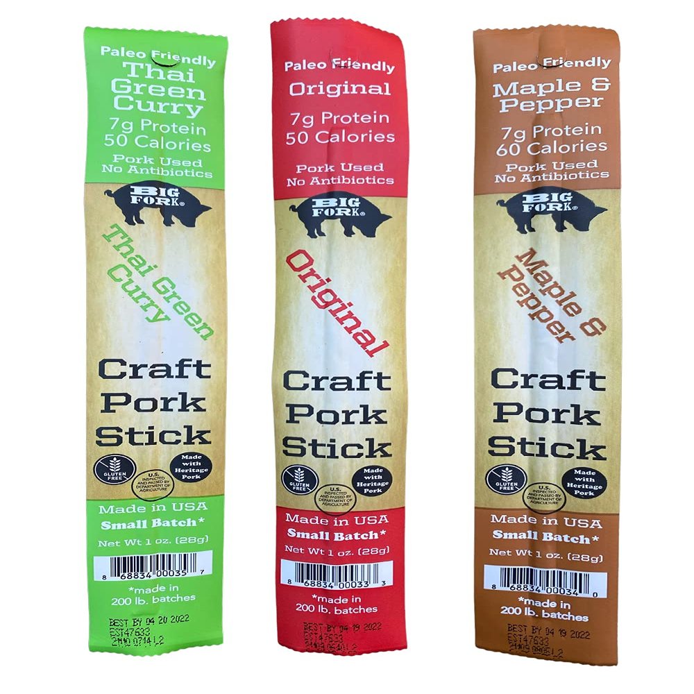 Big Fork Craft Pork Snack Sticks Variety Pack  3 Flavors to Try (Original, Maple & Pepper, Thai Green Curry) | Small-Batch Meat Sticks | Keto, Paleo, High-Protein | Made in USA | 3 Count