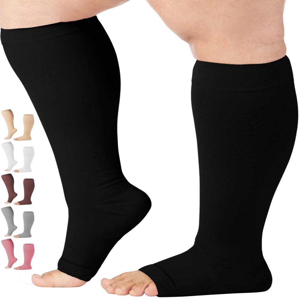 Compression Socks for Women and Men 20-30 mmHg Wide Calf - Big and Tall Open Toe Compression Stockings for Nursing, Airplane, Varicose Veins Circulation - Black, 5X-Large - AB211