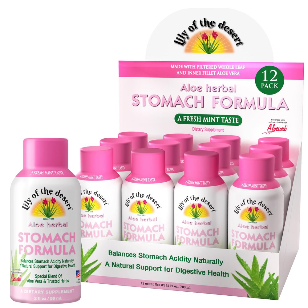 Lily of the Desert Stomach Formula Shot, 12-Pack Organic Aloe Vera Juice with FOS Prebiotic and a Proprietary Herbal Blend, 2 Oz Ea