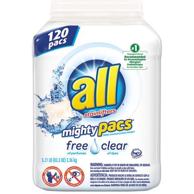 All Mighty Pacs Free & Clear Laundry Detergent (120 Count) (2 Pack)
