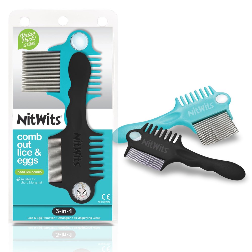 NitWits Head Lice & Egg Comb 2 Pack, 3-in-1 Lice Comb, Detangles, Removes Lice & Eggs and Includes 5x Magnifying Glass