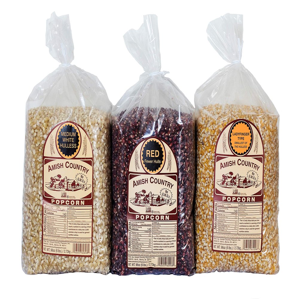Amish Country Popcorn | 3 (6 Pound Variety Bundle) Red, Ladyfinger & Medium White Kernels | Old Fashioned, Non-GMO and Gluten Free