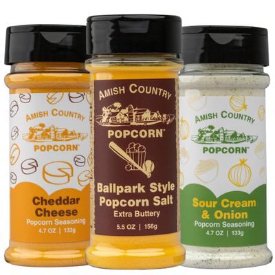 Amish Country Popcorn | Seasoning Variety Pack | 5.5 oz BallPark Style ButterSalt - 4.7 oz Cheddar Cheese & 4.7 oz Sour Cream and Onion Popcorn Seasoning