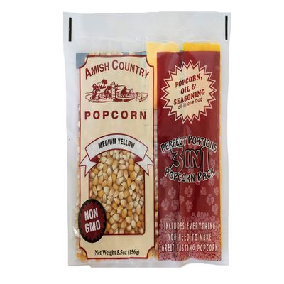 Amish Country Popcorn | All-In-One Medium Yellow Kernel Popcorn Packs | Pre-Measured for Popcorn Machines and Includes Hulless Popcorn, Oil & Salt (5.5 ounce, Pack of 24)