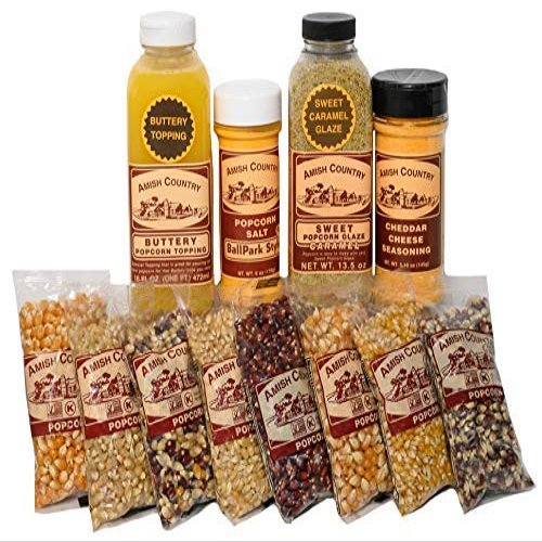 Amish Country Popcorn | 8-4 Ounce Variety Gift Set with Buttery Topping, Sweet Caramel Glaze, Ballpark Salt & Cheddar Cheese Seasoning | Old Fashioned, Non-GMO and Gluten Free
