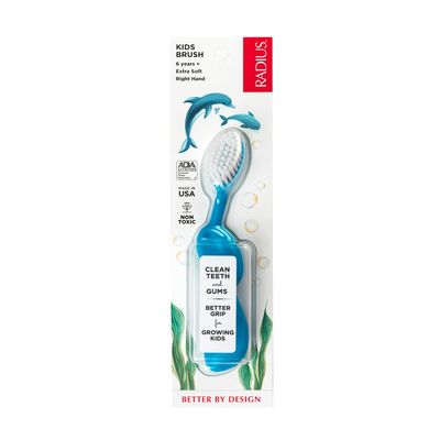 RADIUS Kids Toothbrush, Right Hand, Aqua Blue, BPA Free and ADA Accepted, Designed for Delicate Teeth and Gums, For Children 6 Years and Up