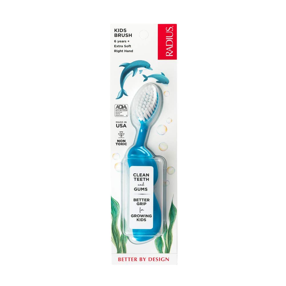 RADIUS Kids Toothbrush, Right Hand, Aqua Blue, BPA Free and ADA Accepted, Designed for Delicate Teeth and Gums, For Children 6 Years and Up