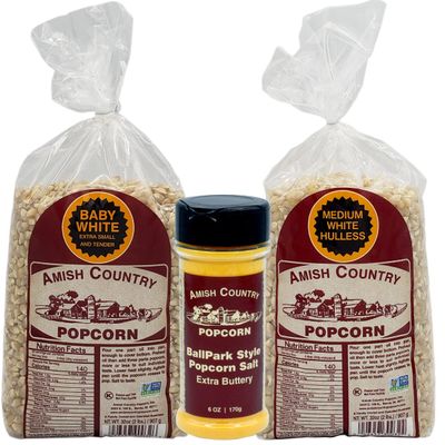 Amish Country Popcorn | 2 Pound Variety Packs - 2 Lb Baby White Kernels, 2 Lb Medium White Kernels, & Buttersalt | Old Fashioned, Non-GMO and Gluten Free