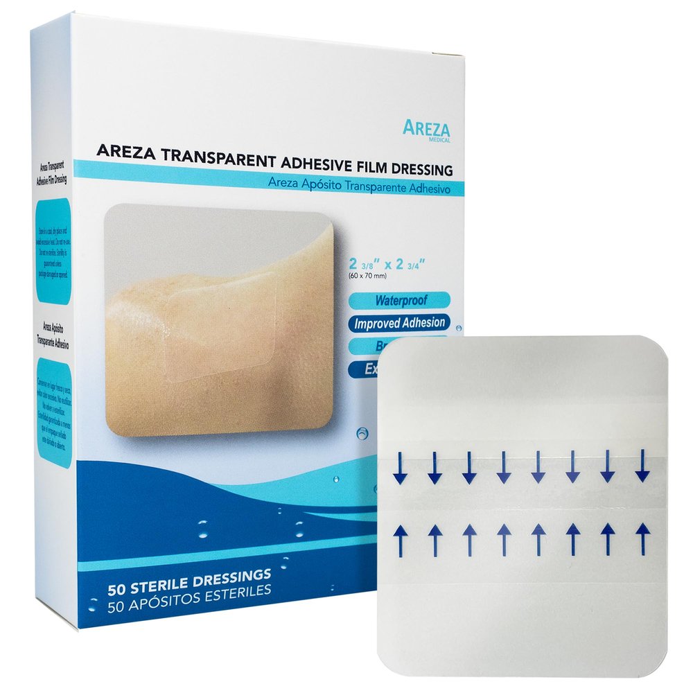 Areza Medical Transparent Adhesive Film Dressing - 2" x 2 - Showerproof Waterproof Bandage Protector - Clear Breathable Dressing for Wound Care, Tattoo Aftercare, Post-Surgical Protection - 50 PCS