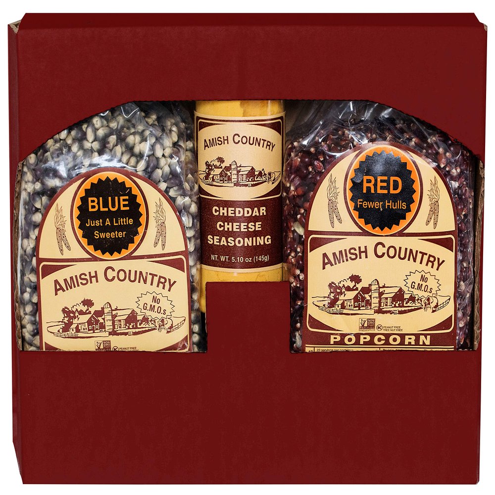Amish Country Popcorn | 2-2 lb Bags | Red and Blue Popcorn Kernels with Cheddar Cheese Seasoning Variety Set | Old Fashioned, Non-GMO and Gluten Free