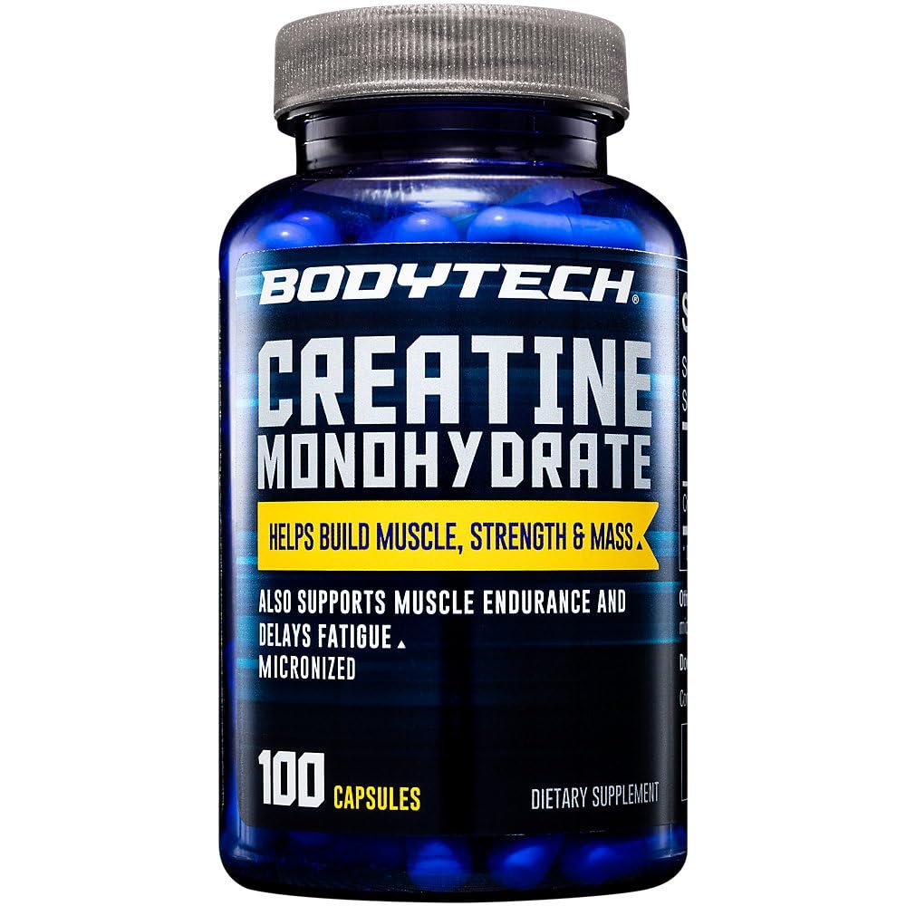 BODYTECH Creatine Monohydrate Capsules - Micronized for Maximum Absorption - Supports Muscle Strength & Power - Convenient Capsule Form (100 Capsules)
