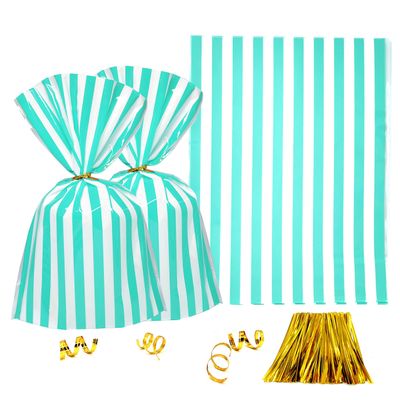Clear Plastic Cellophane Treat Bags - Turquoise White Stripes Party Favors Cello Bags Wedding Baby Shower Birthday Party Cookie Candy Treat Favors Bags, 100pc