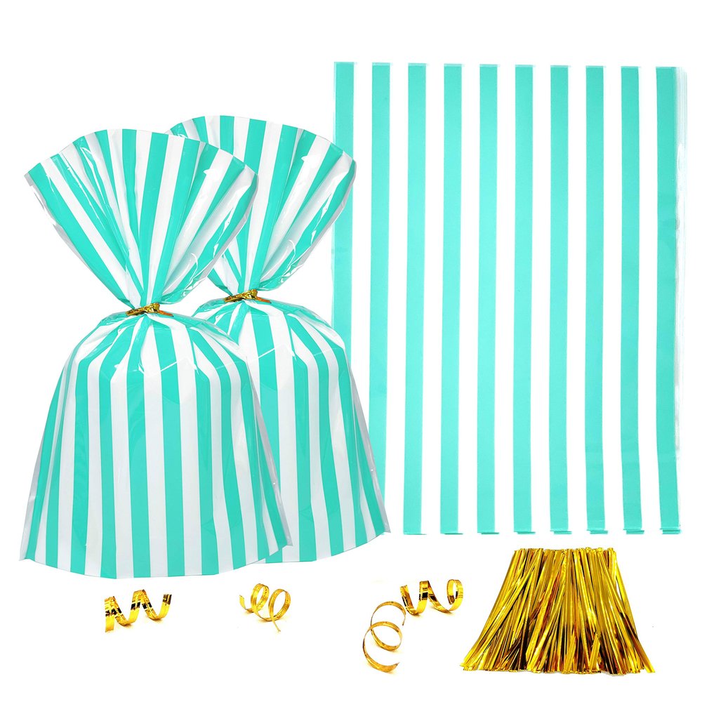 Clear Plastic Cellophane Treat Bags - Turquoise White Stripes Party Favors Cello Bags Wedding Baby Shower Birthday Party Cookie Candy Treat Favors Bags, 100pc
