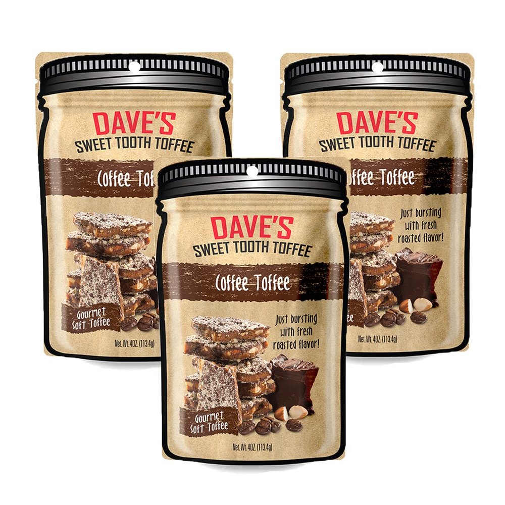 Dave's Sweet Tooth Toffee - Coffee Toffee Candy Gift Set (4 oz. x 3) - Handmade & Homemade Gourmet Soft Toffee with Real Butter, Real Sugar and Hand-Sliced Almonds, Naturally Gluten-Free
