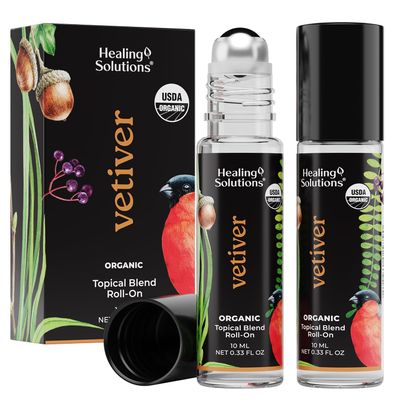 Healing Solutions (2 Pack) USDA Certified Organic Vetiver Essential Oil Roll-On for Skin Care - Essential Oil Roll On