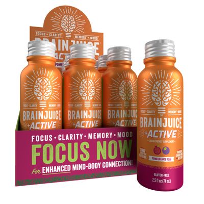 BrainJuice Active Focus & Energy Drink Shots, Supports Endurance, Recovery & Clarity, Non-GMO, Gluten Free, Nootropics, Alpha GPC, B Vitamins & Organic Green Tea, Pomegranate Acai, 2.5 fl oz, 12 Pack