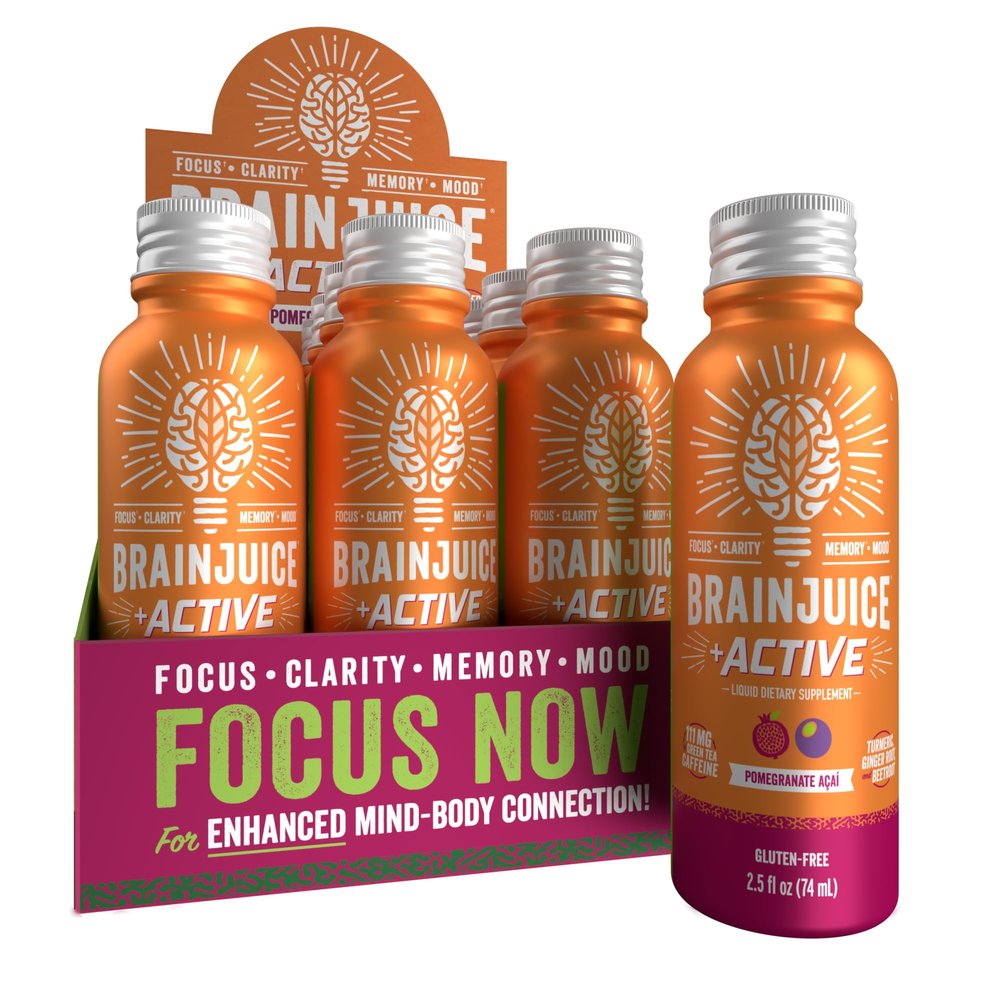BrainJuice Active Focus & Energy Drink Shots, Supports Endurance, Recovery & Clarity, Non-GMO, Gluten Free, Nootropics, Alpha GPC, B Vitamins & Organic Green Tea, Pomegranate Acai, 2.5 fl oz, 12 Pack