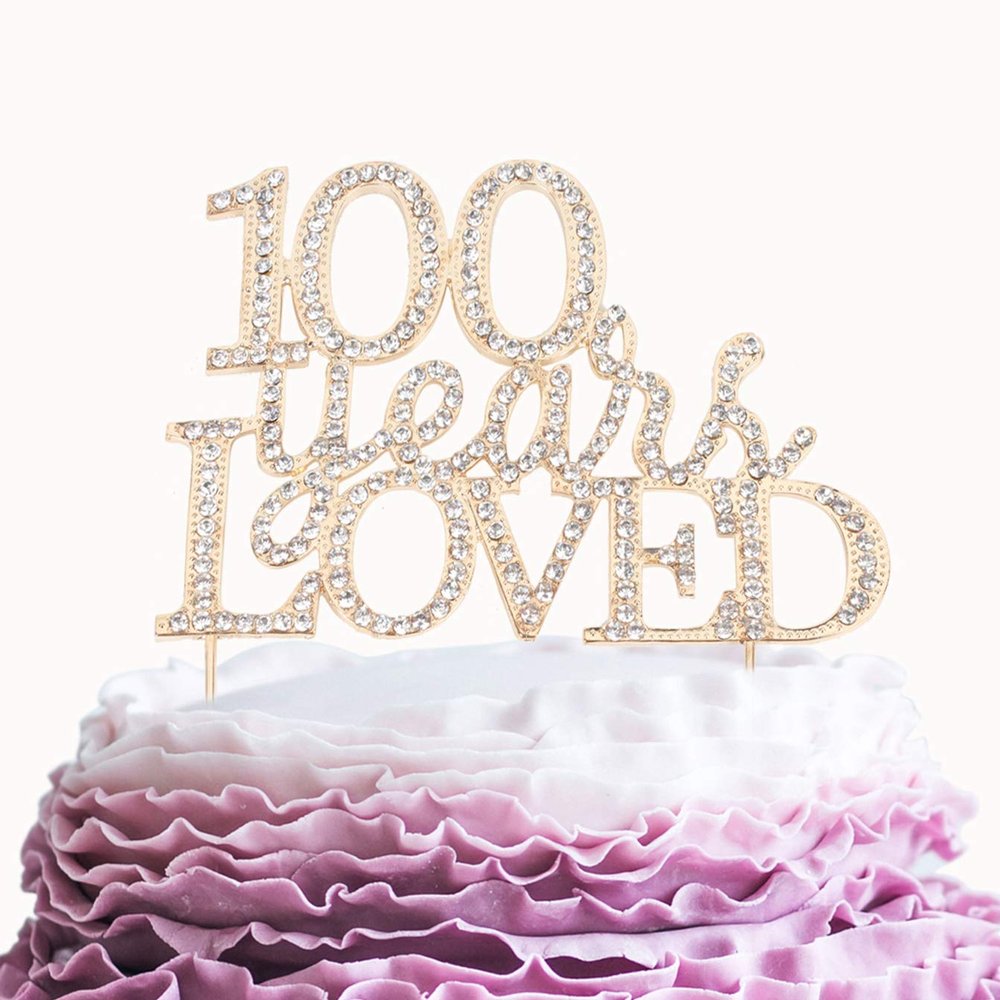 100 Years Loved Crystal Cake Topper For 100 Years Birthday Or 100th Wedding Anniversary Rhinestone Metal Party Decoration Gold