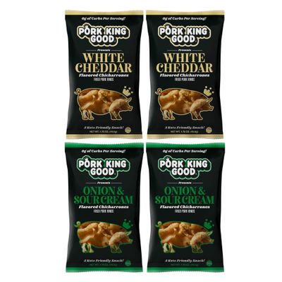 Pork King Good Pork Rinds (Chicharrones) (Variety 4 Pack: White Cheddar/Onion & Sour Cream)