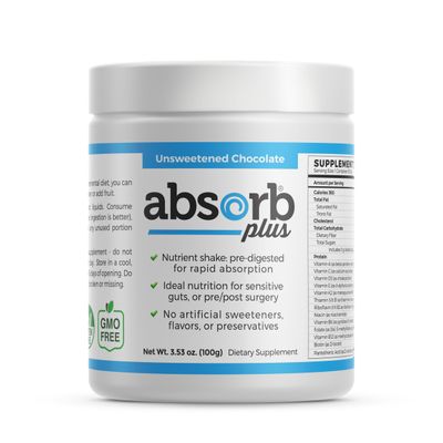Absorb Plus Isolate Protein - Diet Supplement for Improved Gut Health, Extra Nutritional Support, Non-GMO, Gluten-Free, Lactose-Free, Casein-Free (100 g, Unsweetened Chocolate)