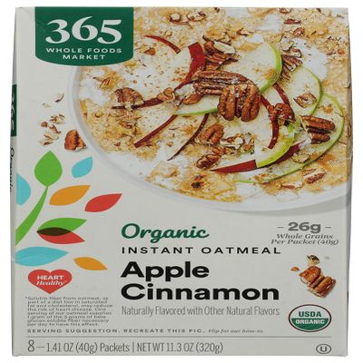 365 by Whole Foods Market, Organic Instant Oatmeal, Apple Cinnamon, 1.41 Ounce Packets (Pack of 8)