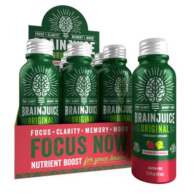 BrainJuice Energy & Focus Shot, Gluten Free Supplement, Healthy Drinks with Alpha GPC, Vitamin B & Organic Green Tea Extract Caffeine, Strawberry Lemonade, 2.5 fl oz, 12 pack