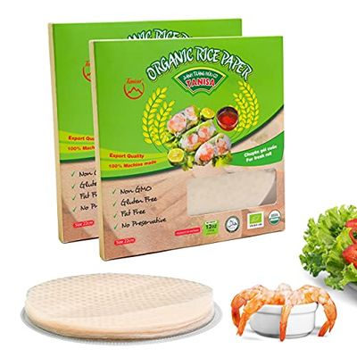 TANISA 2 Packs, 76 Sheets Organic Spring Roll Rice Paper Wrapper for Fresh roll (22cm, Round, 12 oz/pack), NON GMO, GLUTEN FREE, Made In Vietnam, Banh Trang Goi Cuon