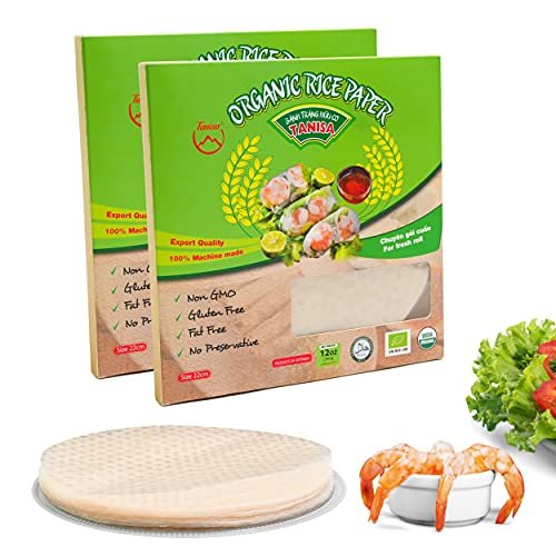 TANISA 2 Packs, 76 Sheets Organic Spring Roll Rice Paper Wrapper for Fresh roll (22cm, Round, 12 oz/pack), NON GMO, GLUTEN FREE, Made In Vietnam, Banh Trang Goi Cuon