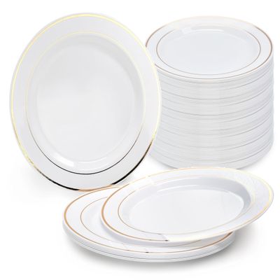 " OCCASIONS " 240 Plates Pack, Heavyweight Disposable Wedding Party Plastic Plates (9'' Luncheon Plate, White & Gold Rim)