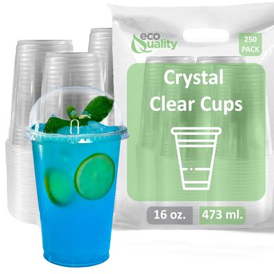 16 oz Cups, 250 Pack | Iced Coffee Go Cups and Dome Lids | Cold Smoothie | Plastic Cups with Dome Lids | Clear Plastic Disposable Pet Cup | Ideal for Coffee, Parfait, Juice, Soda, Cocktail, Party Cups
