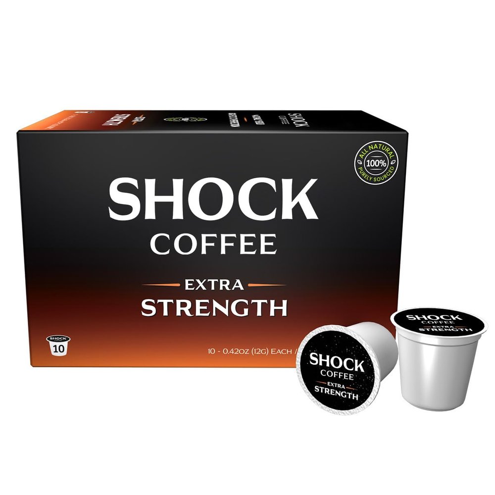 Shock Coffee Extra Strength Cups - Bold all Arabica Med-Dark Roast - Fresh Look - Richer Taste 10 count