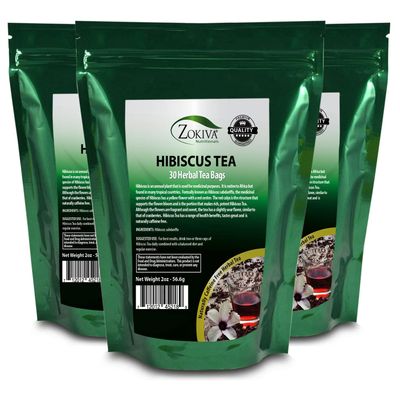 Hibiscus Tea Bags 3-Pack (90 Tea Bags Total) Caffeine-Free Hibiscus Sabdariffa Flowers Bursting With All-Natural Vitamins & Minerals in Pouch by Zokiva