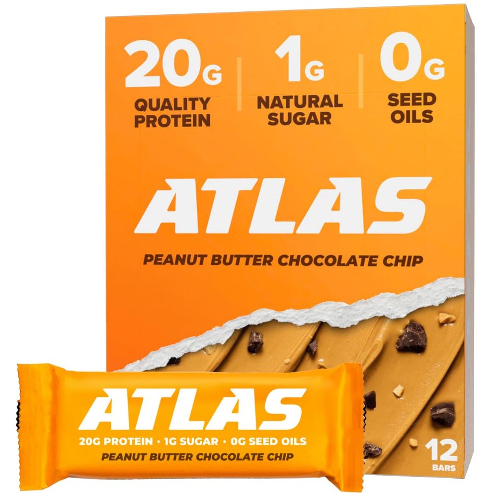 Atlas Real Food Protein Bar  20g Clean Protein, 1g Sugar, No Seed Oils, No Artificial Sweeteners (Peanut Butter Chocolate Chip, 12 Count)