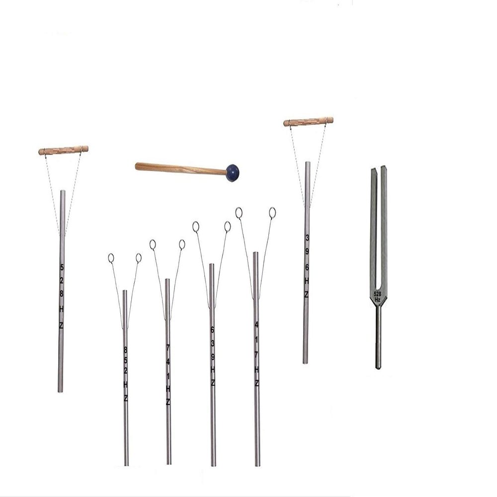 OM Industries 6 Sacred Solfeggio Healing Tuned Pipes Louder Than Tuning Fork with Mallet & Hand Stand