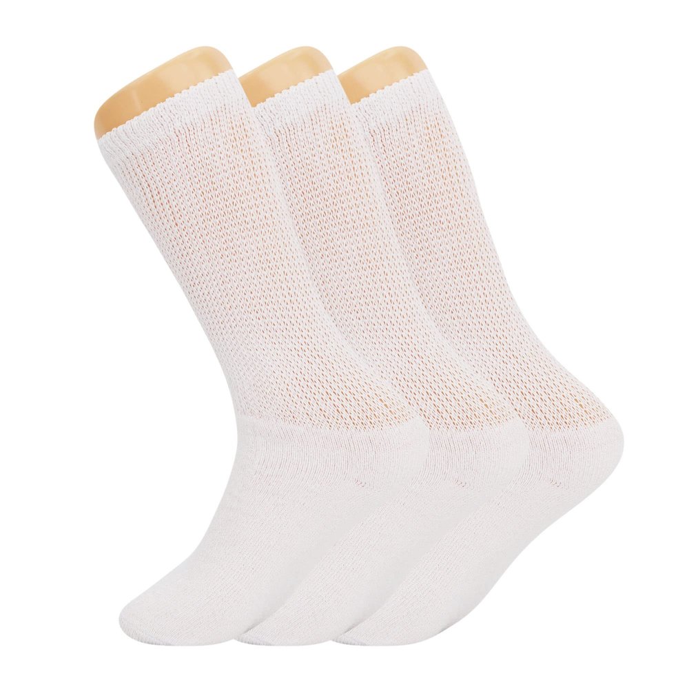AWS/American Made Diabetic Crew Socks for Men Seamless Loose Fit Socks with Non Binding Top (White, 3 Pairs, Socks Size 10-13)