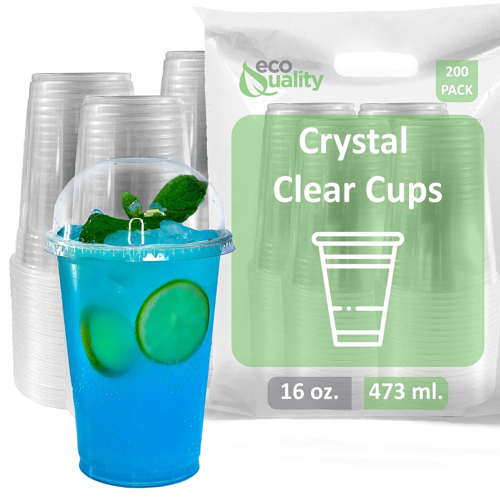 EcoQuality 16 oz Clear Plastic PET Cups with Dome Lids 200 Pack  Disposable Go Cups for Iced Coffee, Smoothies, Parfaits, Juice, Soda, Cocktails, and Party Use