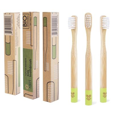 Rain Organic Bamboo Baby Kids Toothbrush - 100% Safe Infant Toddler Toothbrush 6 to 12 Months and Up, Natural BPA-Free Biodegradable Wood Extra Soft Bristles Children's Dental Care (3 Pack)