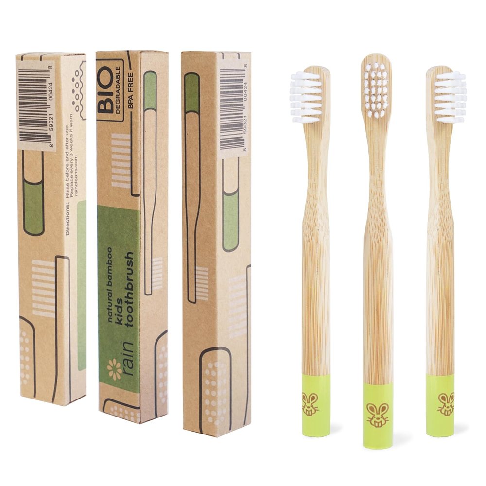 Rain Organic Bamboo Baby Kids Toothbrush - 100% Safe Infant Toddler Toothbrush 6 to 12 Months and Up, Natural BPA-Free Biodegradable Wood Extra Soft Bristles Children's Dental Care (3 Pack)
