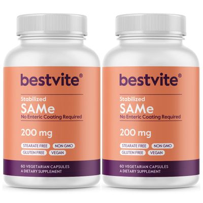 BESTVITE SAM-e 200mg Stabilized (120 Vegetarian Capsules) (60 x 2) - Easy to Swallow Capsule Form - No Enteric Coat Needed - No Stearates - No Fillers - Vegan - Non GMO - Gluten Free