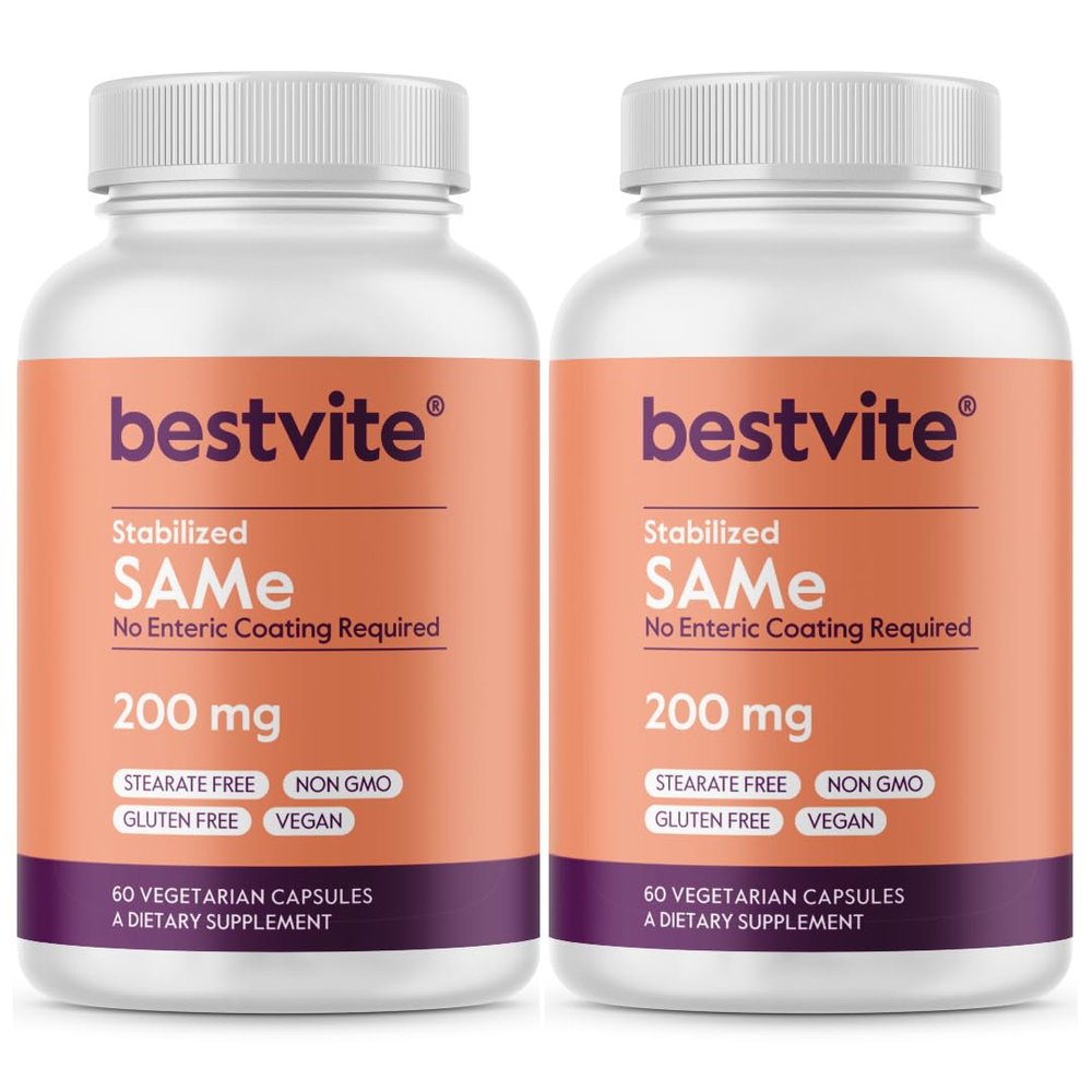 BESTVITE SAM-e 200mg Stabilized (120 Vegetarian Capsules) (60 x 2) - Easy to Swallow Capsule Form - No Enteric Coat Needed - No Stearates - No Fillers - Vegan - Non GMO - Gluten Free