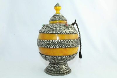 Rajasthan Gems Old Tibetan Silver on Processed Amber Stone Urn Turquoise & Orange Stones
