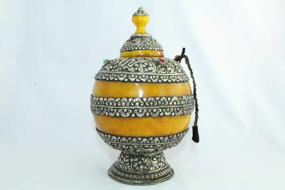 Rajasthan Gems Old Tibetan Silver on Processed Amber Stone Urn Turquoise & Orange Stones