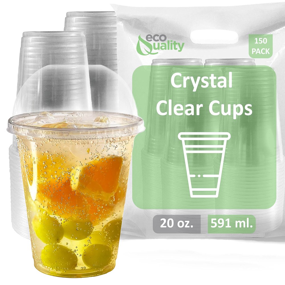 20 oz Cups, 150 Pack | Iced Coffee Go Cups and Dome Lids | Cold Smoothie | Plastic Cups with Dome Lids | Clear Plastic Disposable Pet Cup | Ideal for Coffee, Parfait, Juice, Soda, Cocktail, Party Cups