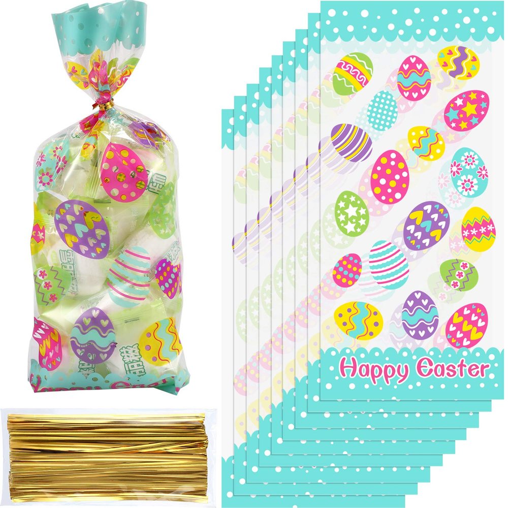 Chuangdi 100 Pack Easter Treat Bags Bunny Candy Cellophane Bag Easter Egg Goodie Cooikes Gift for Party Favor Supplies(Egg Style)