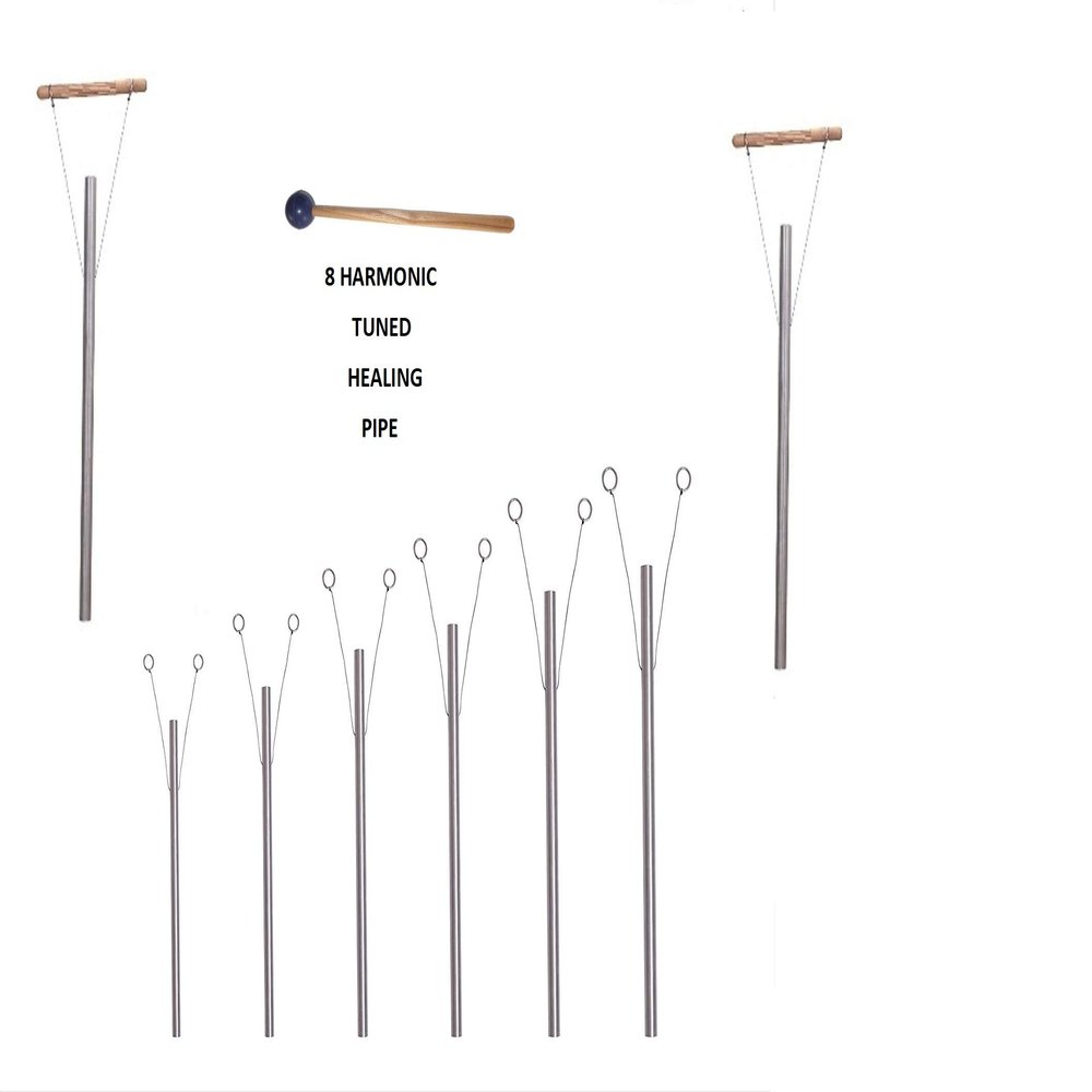 OM Industries 8 Harmonic Healing Tuned Pipes Louder Than Tuning Fork with Mallet and Hand Stand