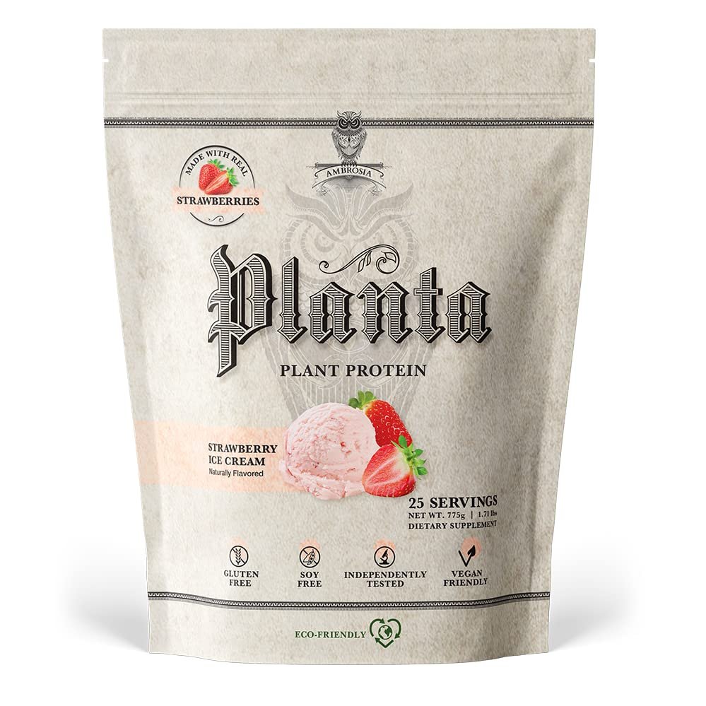 Ambrosia Planta - Plant-Based Protein Powder 20g | Dairy Free Vegan Protein Powder with BCAA Amino Acids | Keto-Friendly, No Added Sugar | 25 Servings | Strawberry Ice Cream