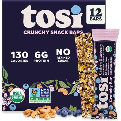 Tosi Nut Bars, Cashew Blueberry, Healthy Snacks for Adults & Kids, Plant Based Crunchy Bars (6G Protein), Organic Keto Snacks, Vegan, Gluten & Soy Free, Low Sugar, Omega 3s, 1oz, 12-Pack