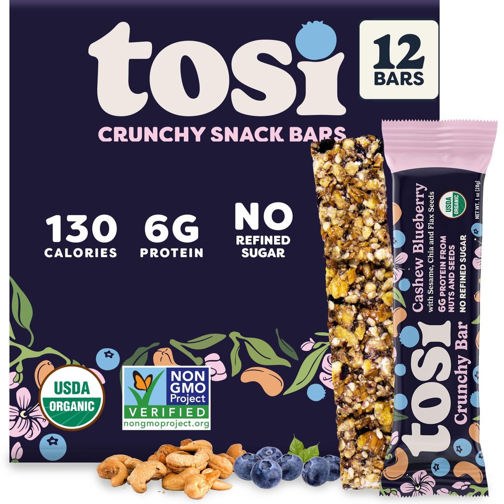 Tosi Nut Bars, Cashew Blueberry, Healthy Snacks for Adults & Kids, Plant Based Crunchy Bars (6G Protein), Organic Keto Snacks, Vegan, Gluten & Soy Free, Low Sugar, Omega 3s, 1oz, 12-Pack